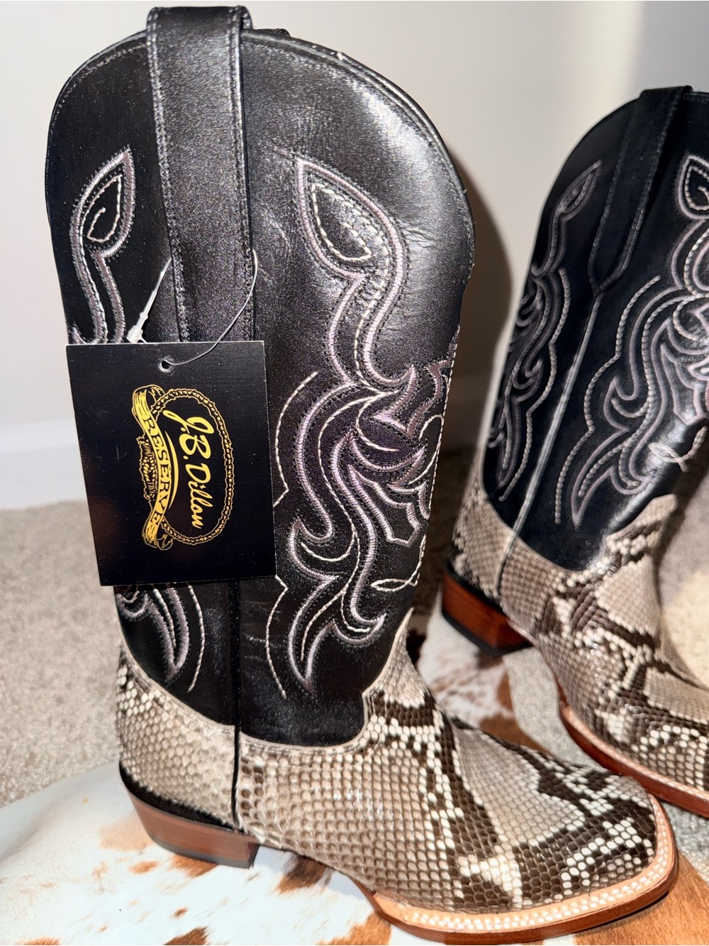 J.B. Dillon Black & Natural Snakeskin Western Boots